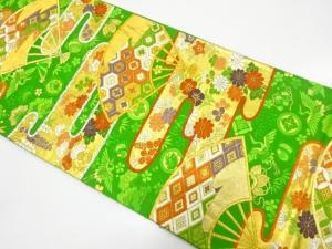 扇にヱ霞・草花・宝尽くし模様織り出し　袋帯